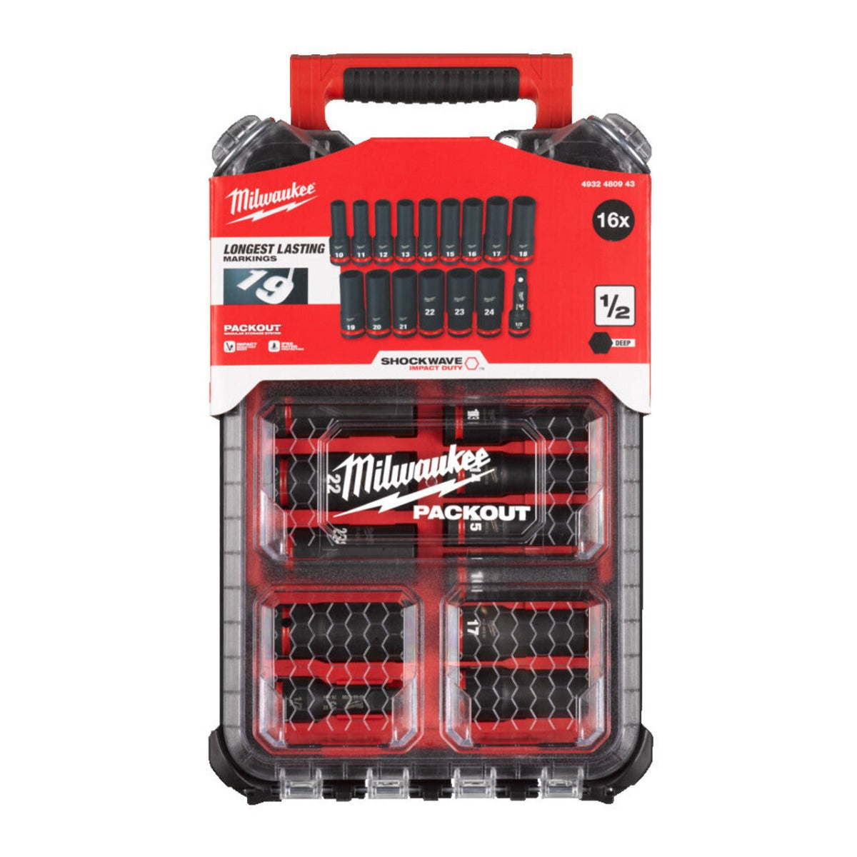 MILWAUKEE 1/2" SHOCKWAVE IMPACT SOCKET PACKOUT 16 PC SET