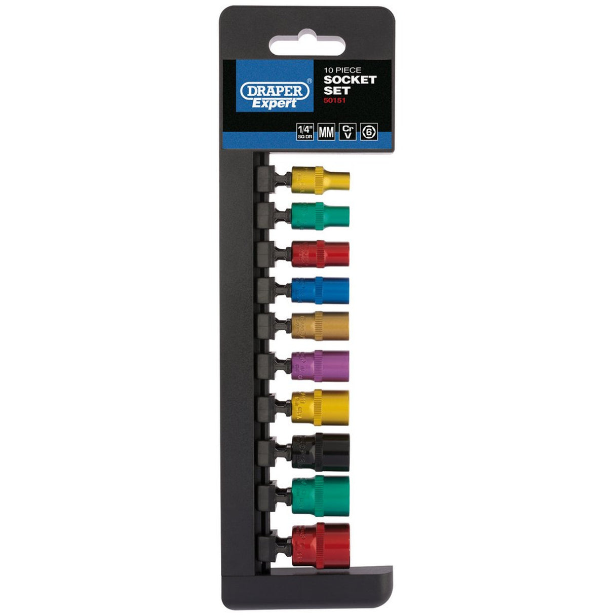 DRAPER METRIC COLOURED SOCKET SET, 1/4" SQ. DR. (10 PIECE)