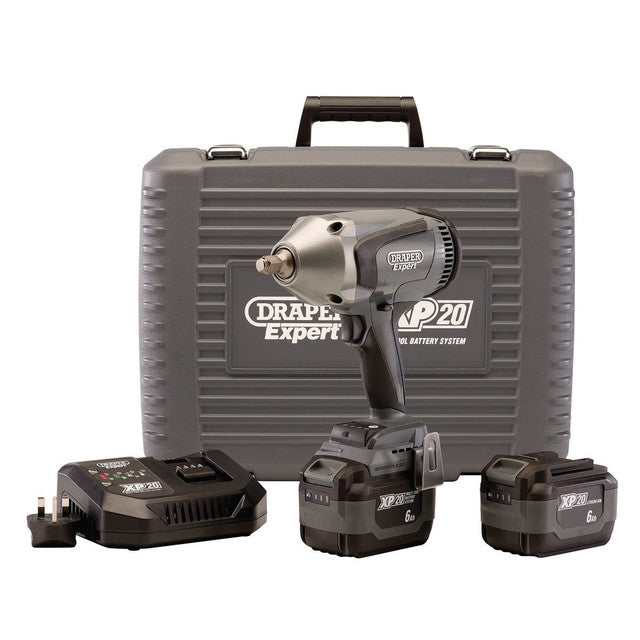 Draper XP20 20V Brushless Impact Wrench Kit, 1/2" Sq. Dr., 1000Nm, 2 x 6.0Ah Batteries, 1 x Fast Battery Charger (94080)