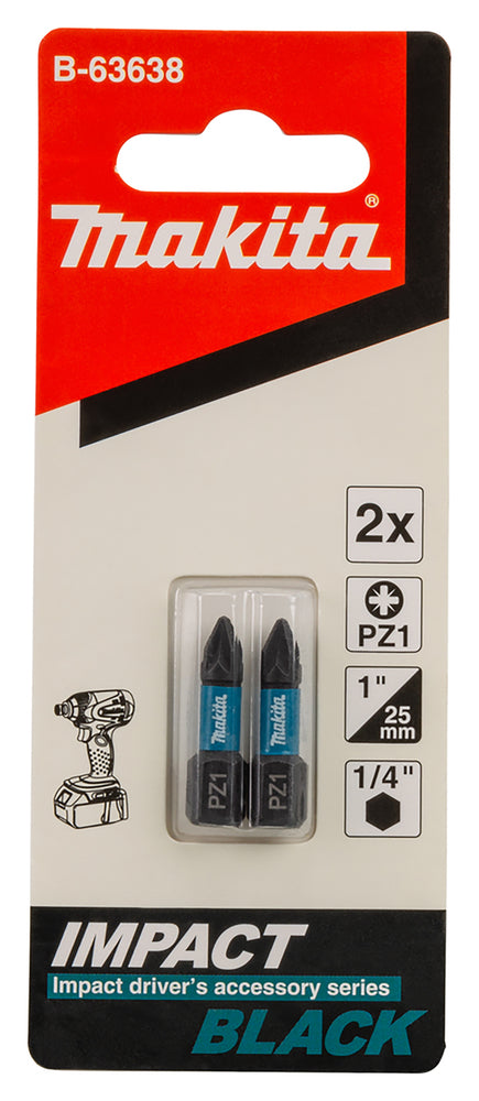 Makita Impact Black Torsion Bit PZ1 1/4 Hex Shank 25 mm 2 pcs