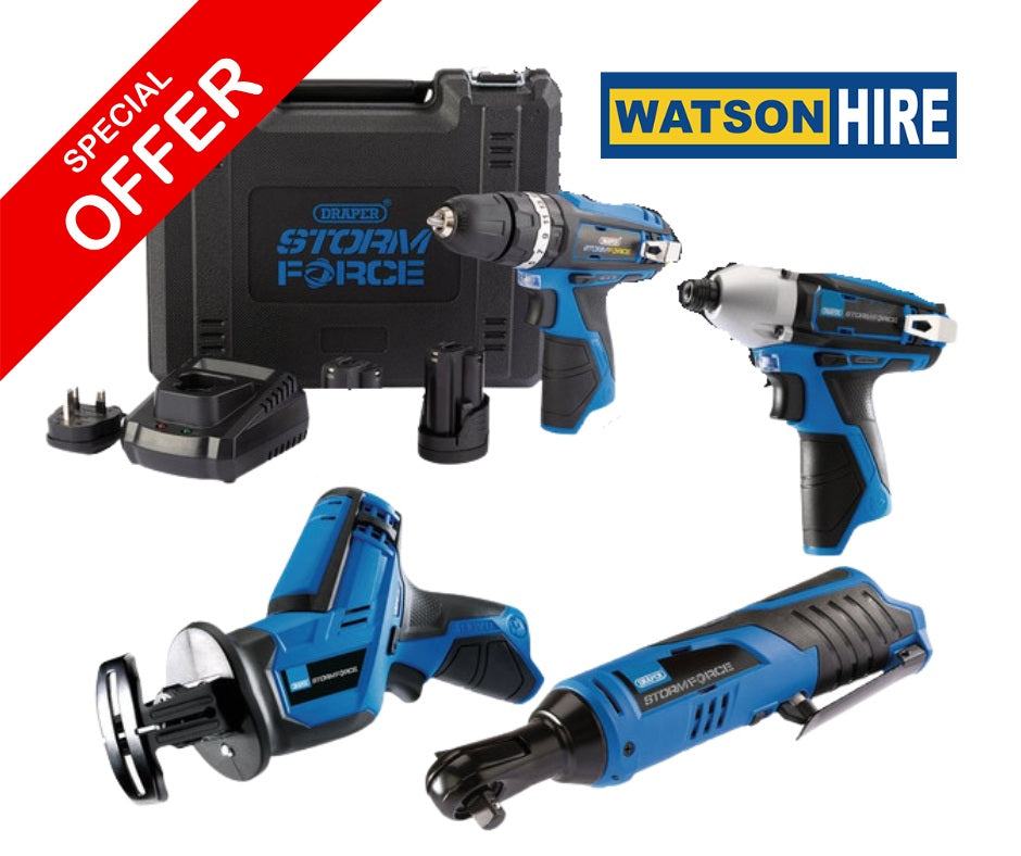 DRAPER 12V POWER TOOL BUNDLE - DRIVER, RATCHET WRENCH, IMPACT WRENCH & RECIP SAW COMBO (32792)
