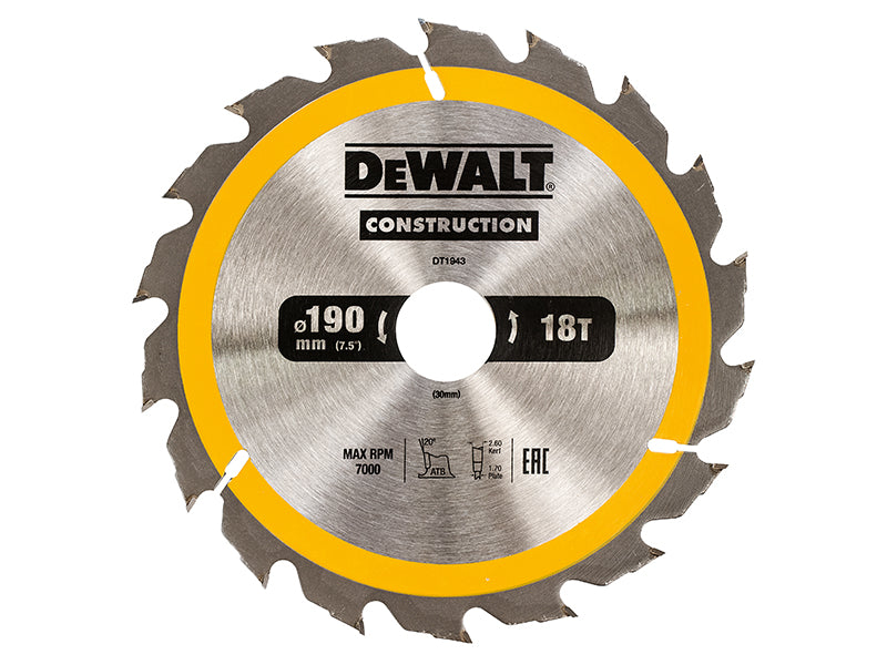 DEWALT Portable Construction Circular Saw Blade 190 x 30mm x 18T