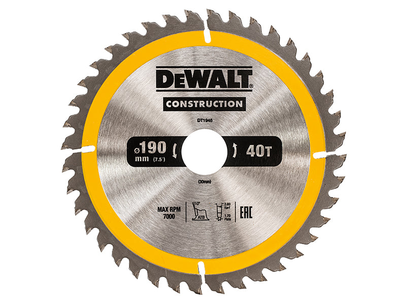 DEWALT Portable Construction Circular Saw Blade 190 x 30mm x 40T