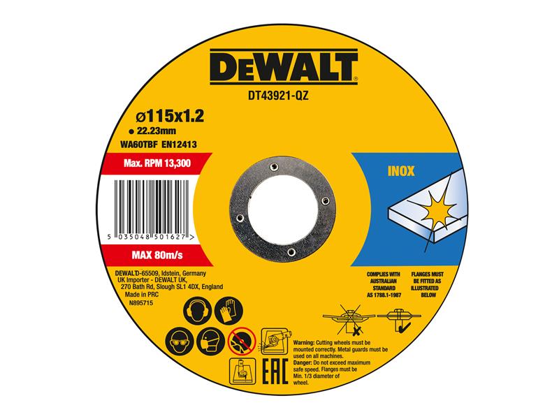 DEWALT DT43921 Metal Cut Off Disc 115 x 1.2 x 22.23mm (Pack 10)