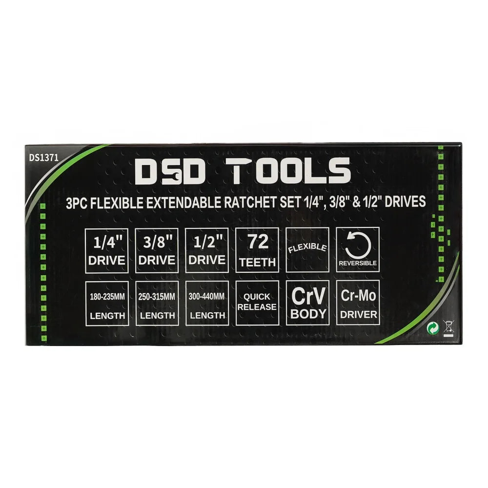 DSD TOOLS 3PC FLEXIBLE EXTENDABLE RATCHET SET 1/4" - 3/8" - 1/2" DRIVES