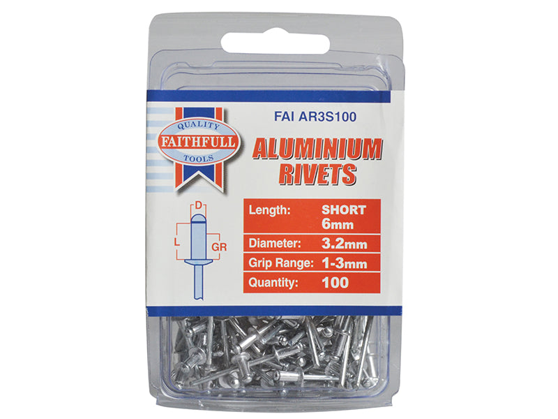 Faithfull Aluminium Rivets 3.2 x 6mm Short Pre-Pack of 100