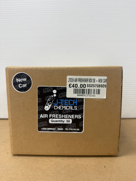 Cardboard box with J-Tech Chemicals air freshener packaging on a white background