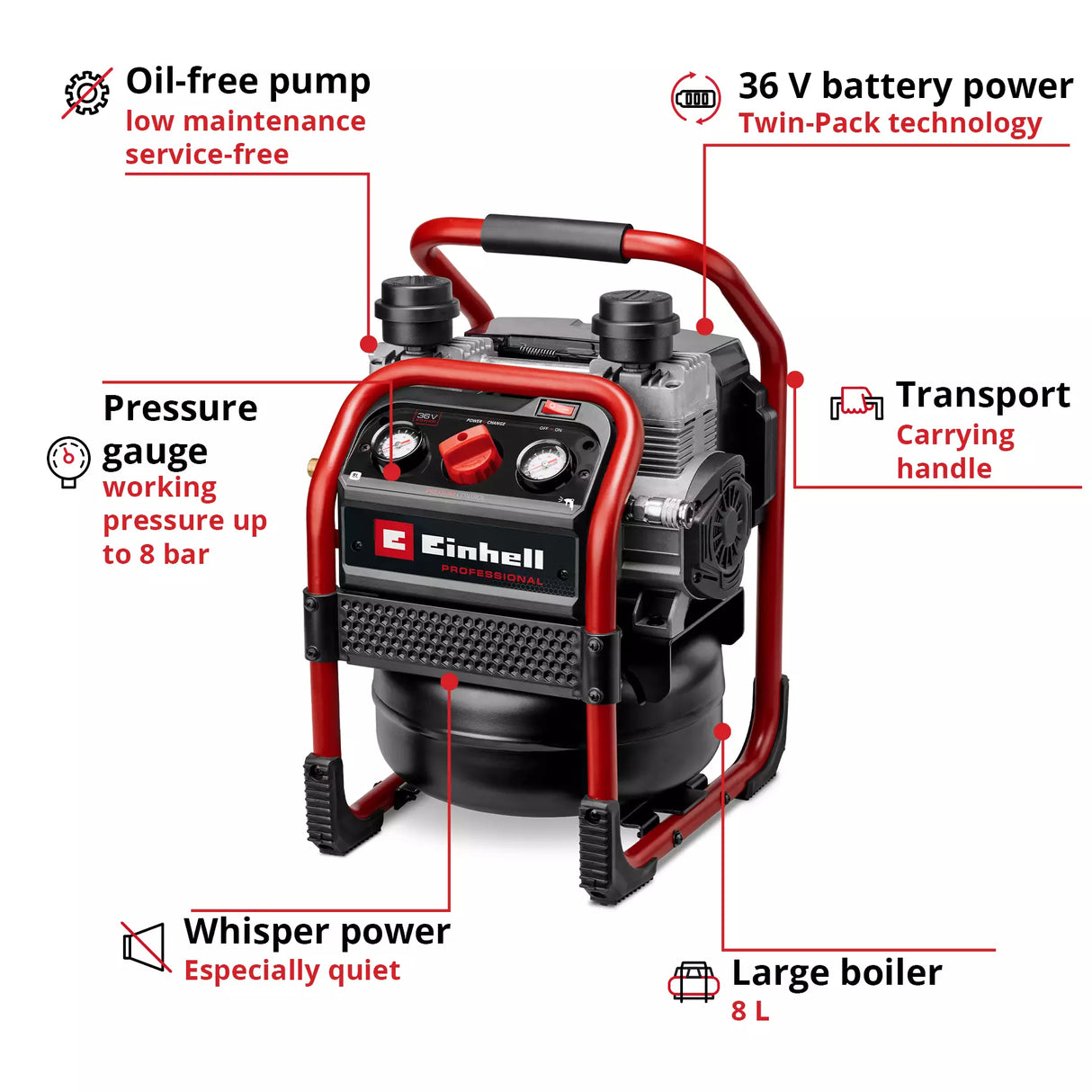 EINHELL PXC 36V PROFESSIONAL 8 LITRE 8 BAR SILENT OIL FREE COMPRESSOR, BODY ONLY
