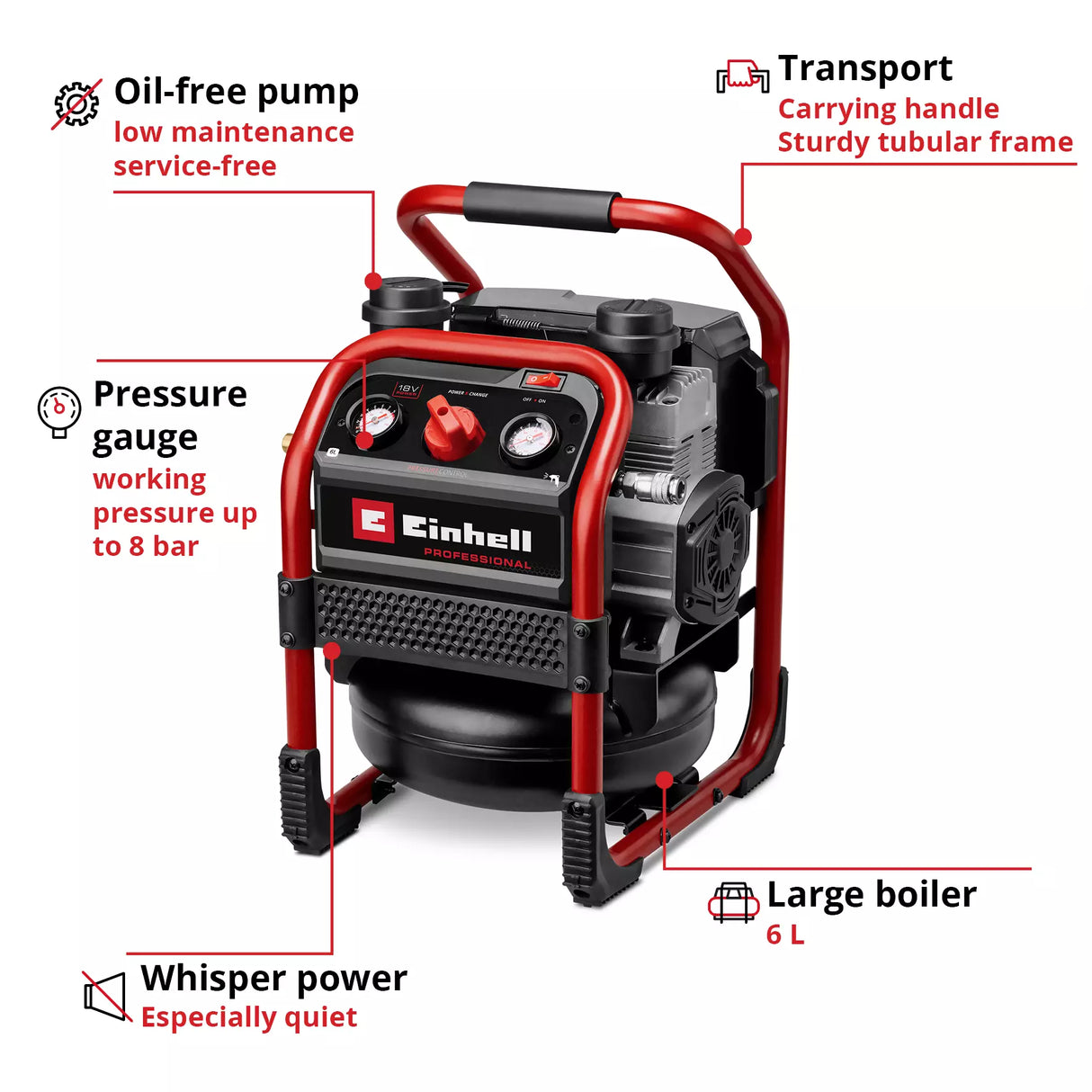 EINHELL PXC 18V PROFESSIONAL 6 LITRE 8 BAR SILENT OIL FREE COMPRESSOR, BODY ONLY