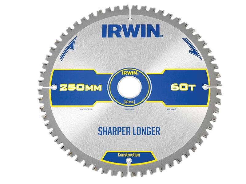 IRWIN® Construction Mitre Circular Saw Blade 250 x 30mm x 60T ATB/Neg