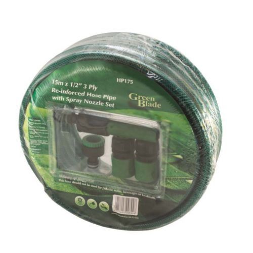 GREENBLADE 15M X 1/2" 3 PLY REINFORCED HOSE WITH SPRAY NOZZLE SET